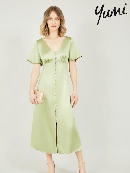 Yumi Green Satin Button Down Dress (E21159) | €34