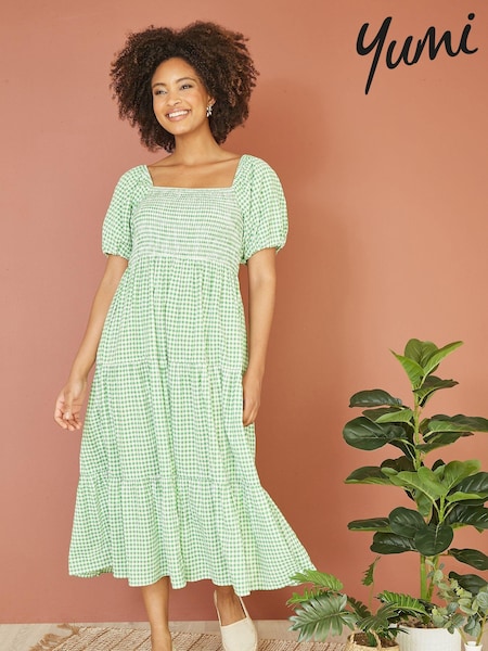 Yumi Green Gingham Smock Puff Sleeve 100% Cotton Midi Dress (E21164) | €38