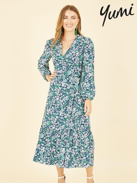 Yumi Green Daisy Print Wrap Midi Dress With Long Sleeves (E21173) | €38