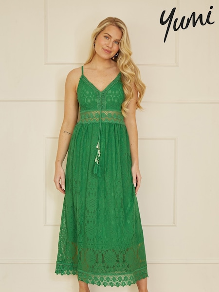 Yumi Green Lace Midi Sundress With Tassel Tie and Ruched Back (E21178) | 3,004 UAH
