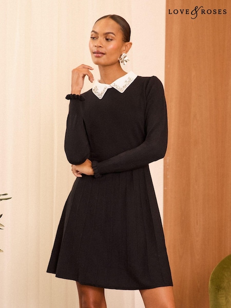 Love & Roses Black Fine Gauge Collared Knitted Dress (E21200) | $77
