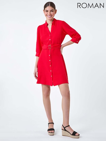 Roman Red Short Belted 100% Linen Shirt Dress (E21218) | 104 QAR