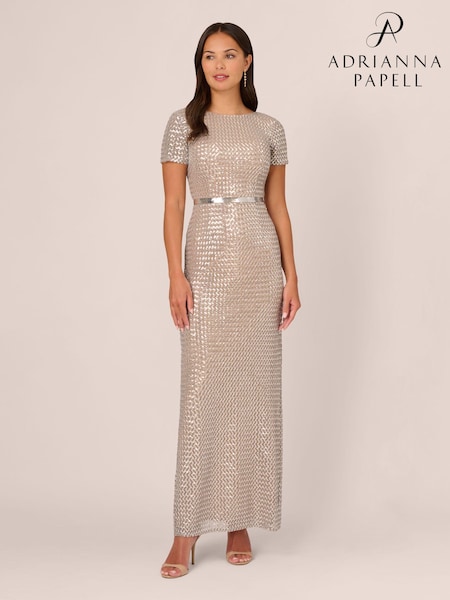 Adrianna Papell Silver Column Sequin Gown (E21291) | €264