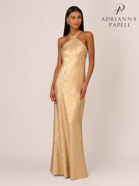 Adrianna Papell Gold Foiled Woven Halter Gown (E21300) | €398