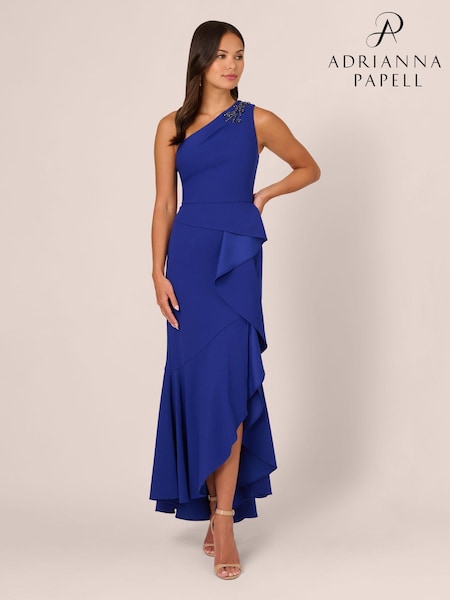 כחול  - Adrianna Papell Blue Studio Beaded Knit Crepe Gown (E21306) | ‏800‏₪