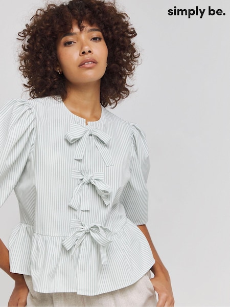 Simply Be Green Bow Front Puff Sleeve Smock Top (E21419) | 72 QAR