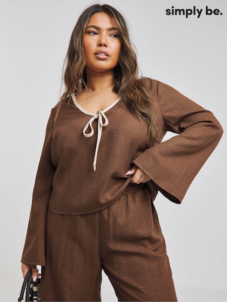 Simply Be Brown Contrast Trim Tie Front Blouse (E21424) | €13.50