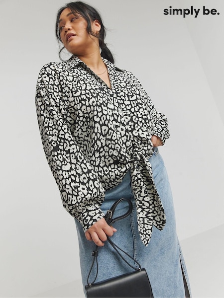 Simply Be Black Mono Print Tie Front Shirt (E21430) | €13