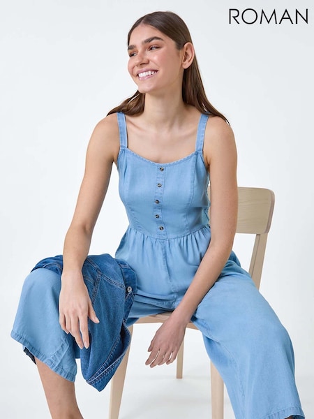 Roman Blue Denim Shirred Back Strappy Jumpsuit (E21443) | AED178