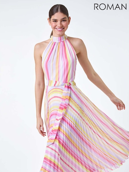 Roman Multi Stripe Print Pleated Midi Dress (E21446) | €49