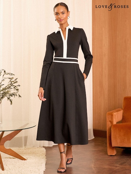 Love & Roses Black Ponte Contrast Trim Zip Front Long Sleeve Midi Dress (E21615) | €44