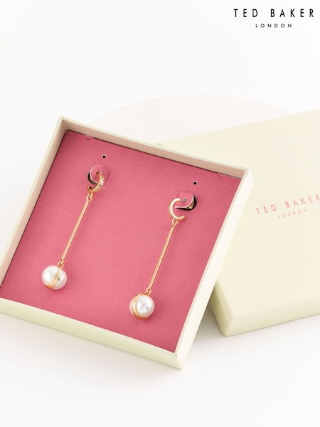 Ted Baker Gold Tone PERLLIE: Logo Pearl Long Drop Earrings (E21652) | €53