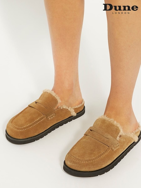 Dune London Cream Goldy Shearling Lined Backless Loafers (E22070) | SGD 192