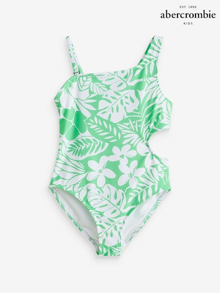 Abercrombie & Fitch Aysmmetrical Cut Out Floral Green Swimsuit (E22094) | €22