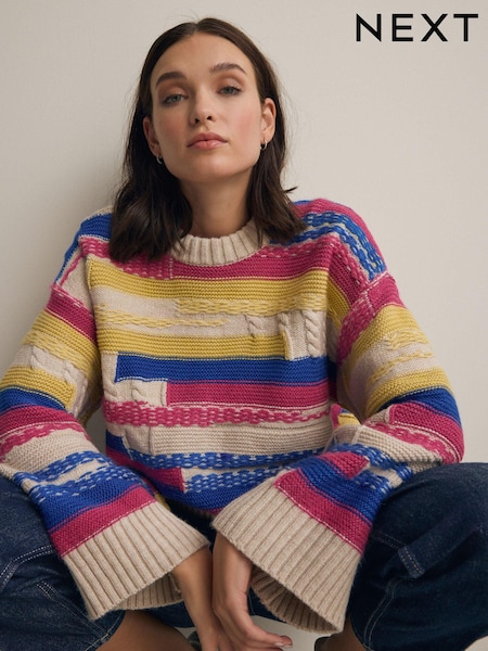 Multi Stripe Wide Sleeve Colour Block Knitted Jumper (E22103) | €17