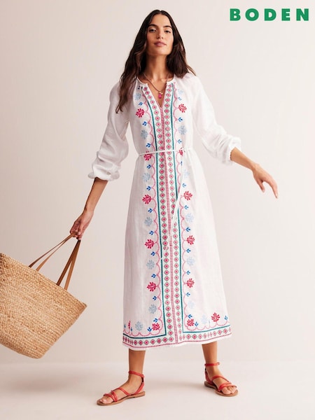 Boden White Petite Embroidered Belted Linen Dress (E22188) | €161