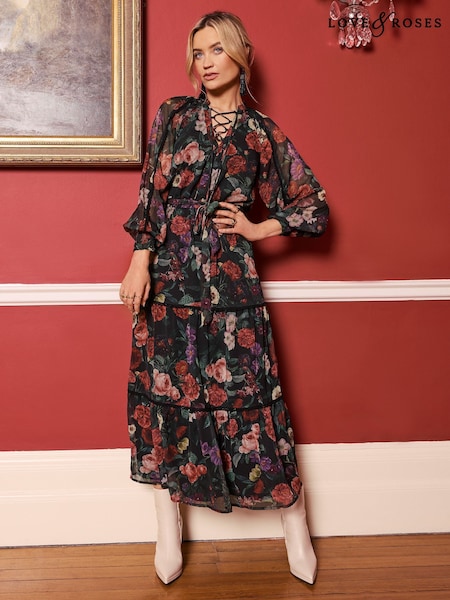 Love & Roses 3/4 Sleeve Tie Detail Tiered Midi Dress (E22205) | 236 LEI