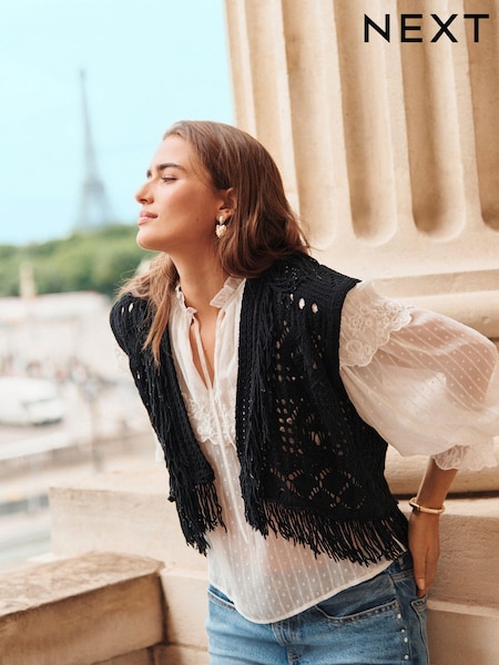 Black Knitted Open Stitch Fringe Waistcoat (E22238) | €36