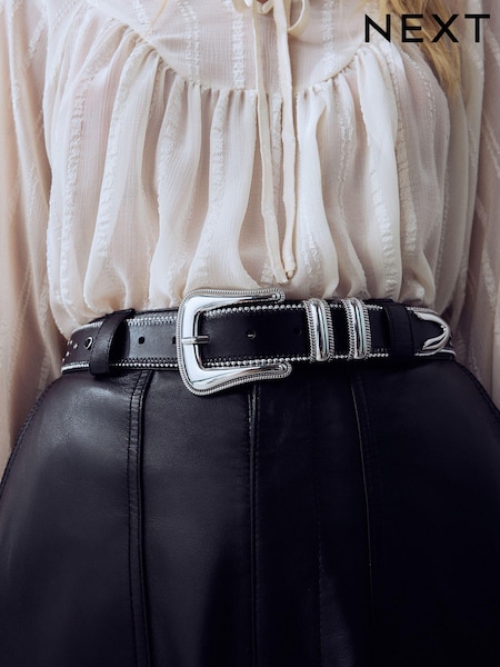Black Diamante Studded Diamante Stud Western Regular Leather Belt (E22241) | €22