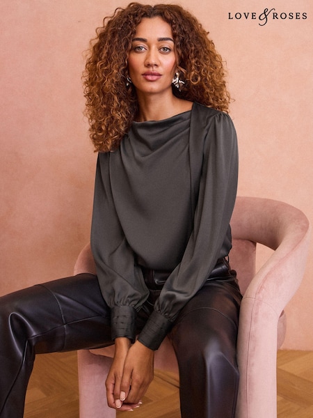 Love & Roses Grey Satin Cowl Neck Long Sleeve Blouse (E22263) | 131 QAR