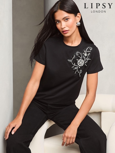 Lipsy Black Floral Embellished T-Shirt (E22308) | €14