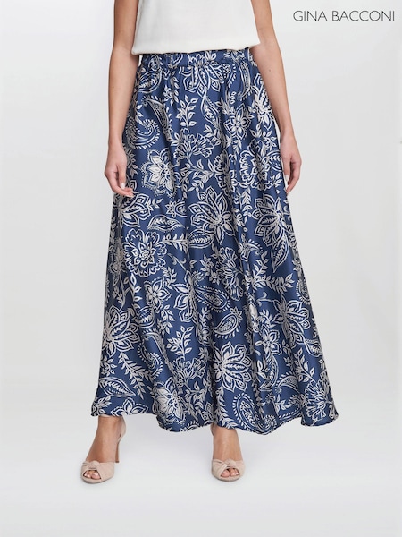 Gina Bacconi Blue Dakota Satin Elastic Waist Skirt (E22315) | 243 QAR