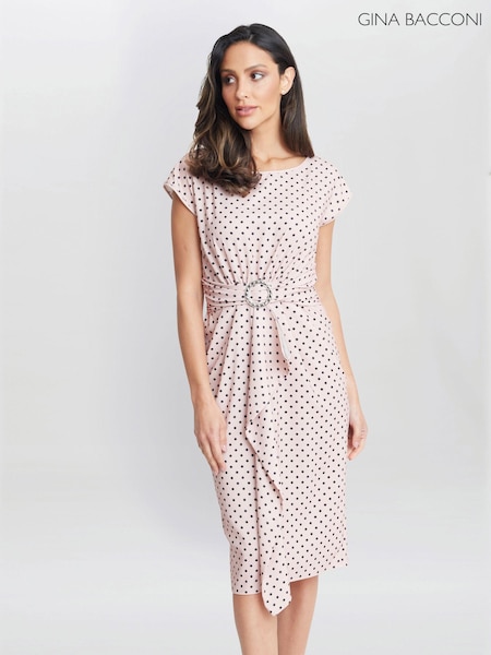 Gina Bacconi Theodora Spot Print Satin Nude Dress With Buckle (E22316) | €138