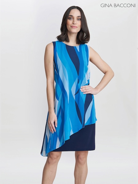 Gina Bacconi Blue Edie Short Printed Asymmetric Overlay Dress (E22317) | €95