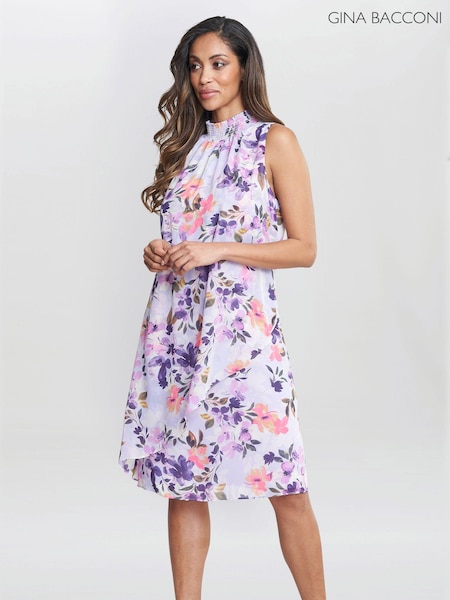 Gina Bacconi Purple Ginnie Printed Sleeveless Dress (E22321) | €114