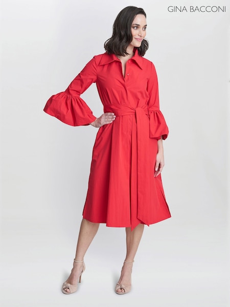 Gina Bacconi Red Melinda Taffeta Shirt Dress (E22322) | €204