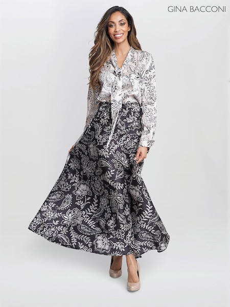 Gina Bacconi Dakota Satin Elastic Waist Black Skirt (E22323) | 243 QAR