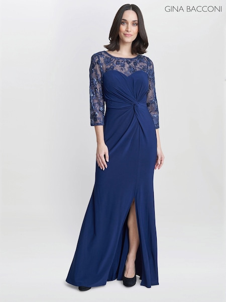 Gina Bacconi Blue Sonia Maxi Knot Front Sweetheart Dress (E22324) | €179