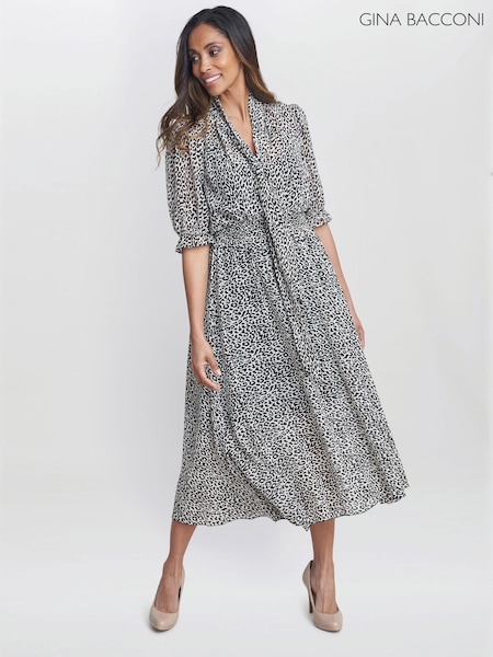 Gina Bacconi Animal Print Mimi Godet Pussy Bow Dress (E22335) | €77