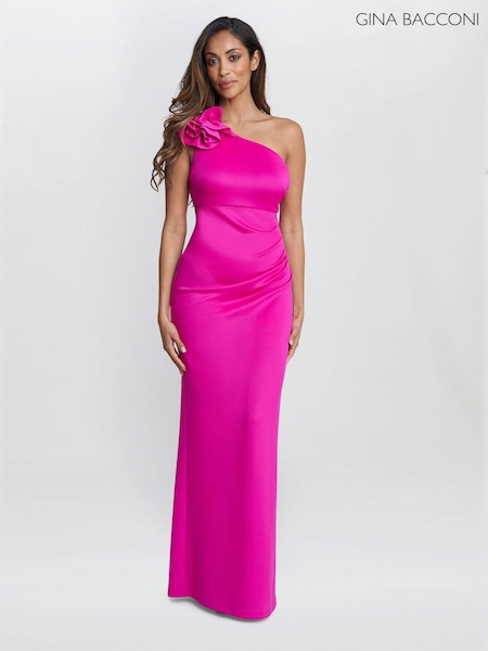 Gina Bacconi Pink Agatha 3D Flower Detailed One Shoulder Maxi Dress (E22343) | €159