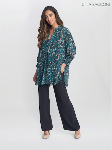 Gina Bacconi Green Dido Collarless Tunics Top (E22345) | 246 LEI
