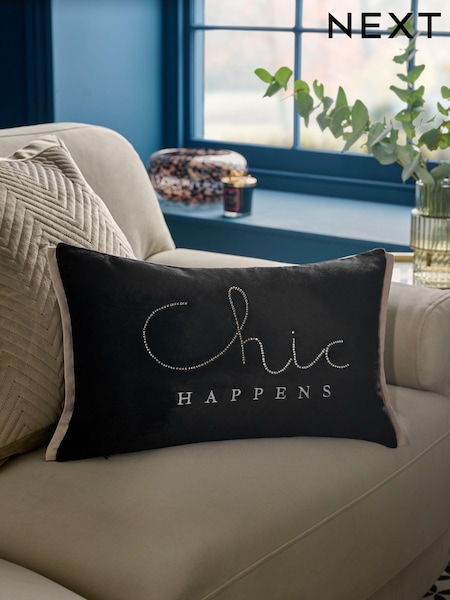 Black Chic Happens Velvet Embellished Slogan Cushion (E22371) | €14