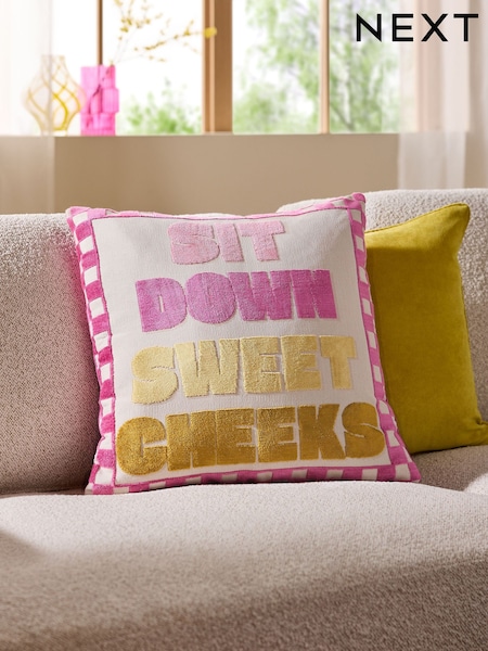 Multi Bright Sweet Cheeks Cut Velvet Slogan Cushion (E22376) | €35