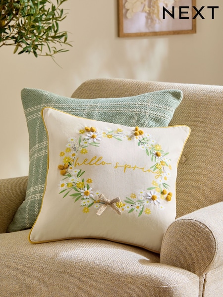 Natural Hello Spring Emboidered Wreath Cushion (E22384) | €20