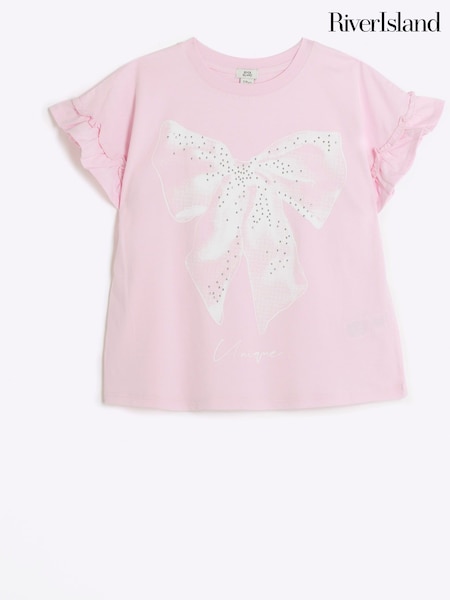 River Island Pink Girls Frill BOWS 100% Cotton T-Shirt (E22415) | €19