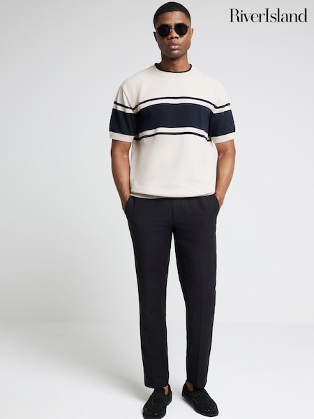 River Island Brown Slim Fit Short Sleeve Boucle Blocked 100% Cotton T-Shirt (E22527) | €18