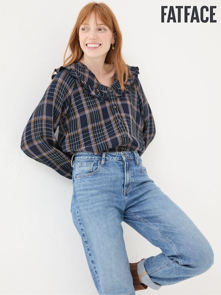 FatFace Navy 100% Cotton Nina Ruffle Blouse (E22589) | €39.50