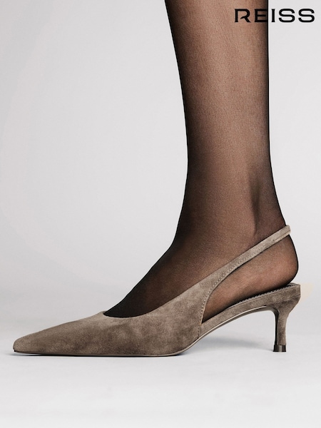 Taupe - Reiss Carla Suede Slingback Low-heel Court Shoes