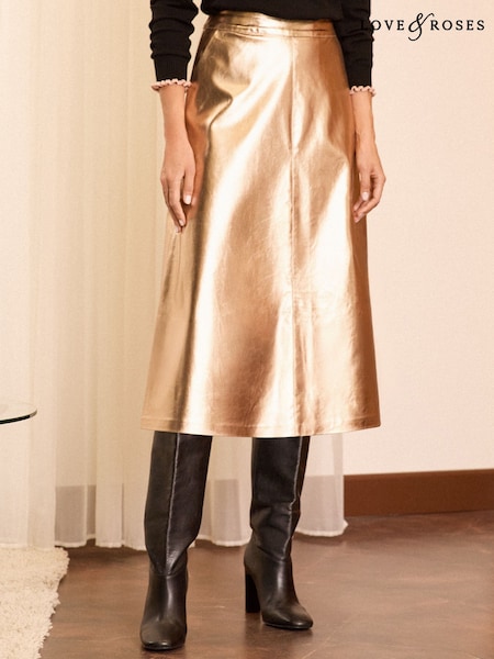 Love & Roses Faux Leather Fit and Flare Midi Skirt (E22647) | €39