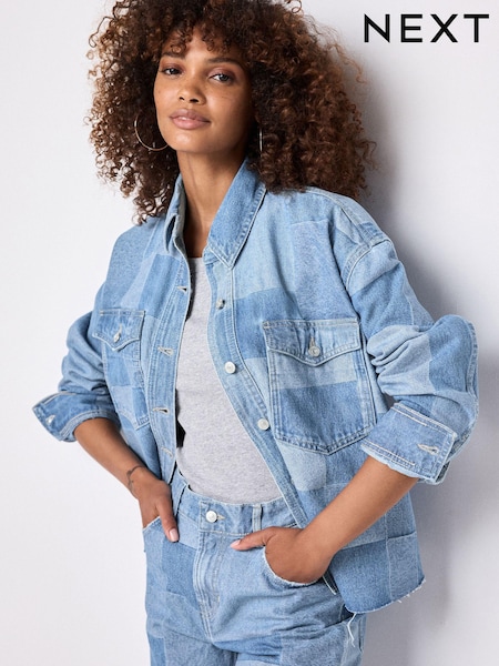 Albastru deschis - Patchwork Denim Cropped 100% Cotton Shirt (E22683) | 197 LEI