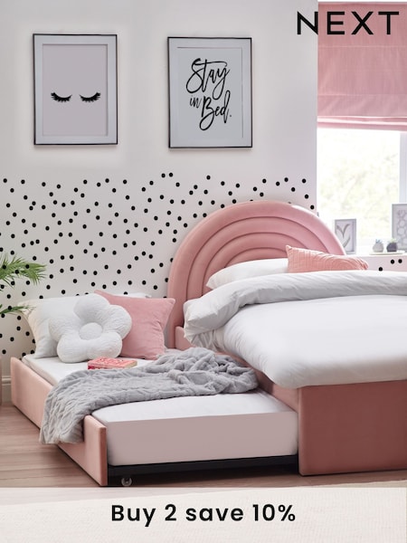 Opulent Velvet Blush Pink Kids Rainbow Upholstered Trundle Bed (E22716) | €725