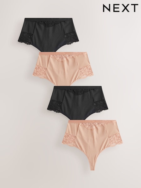 Negru/Praline Nud - Tummy Control Shaping Lace Thong Knickers 4 Pack (E22741) | 243 LEI