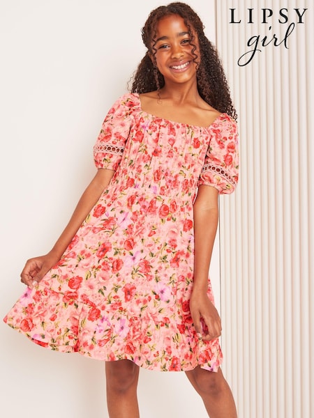 Lipsy Pink Floral Square Neck Jersey Crinkle Dress (E22744) | €38 - €50