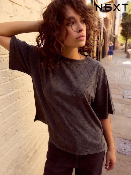 שחור - 100% Cotton Short Sleeve Washed Embellished Sparkle T-shirt (E22784) | ‏117‏₪