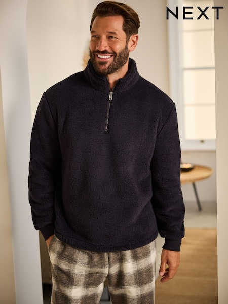Navy Blue Fleece Borg Quarter Zip Neck Top (E22839) | AED65