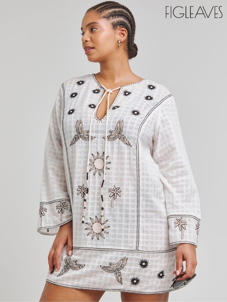 Figleaves Mystical Craft 100% Cotton Embroidered White Kaftan (E22840) | 150 LEI